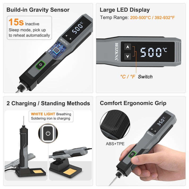 Soldering Iron Kit Cordless 5s Heating 14-in-1 Portable Soldering Iron with LED Display 392-932℉, Auto Sleep, Electric USB Rechargeable Wireless Welding Tool for Precision Repair DIY Grey