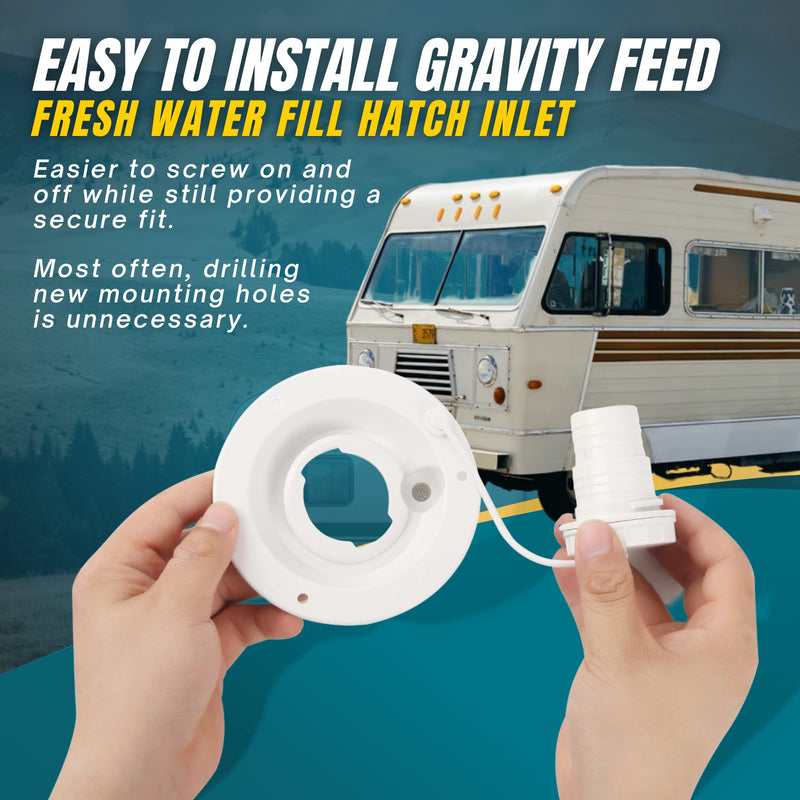 TonGass (2-Pack, White) Universal Fit Gravity Feed Fresh Water Fill Hatch Inlet for RV Trailers, 4.5" Diameter Fill Hatch Inlet - With 1-1/4 Barbed Connector, Bayonet-Style Cap and 1/2" Air Vent