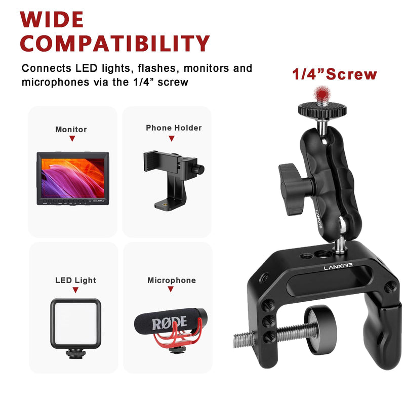 Camera Mount Clamp with Mini Magic Arm - 1/4" and 3/8" Threaded Holes - for Camera, Action Camera, Flash, Light, Microphone, Camera Clamp Adapter for Canon, Nikon, Sony, Panasonic, Blackmagic