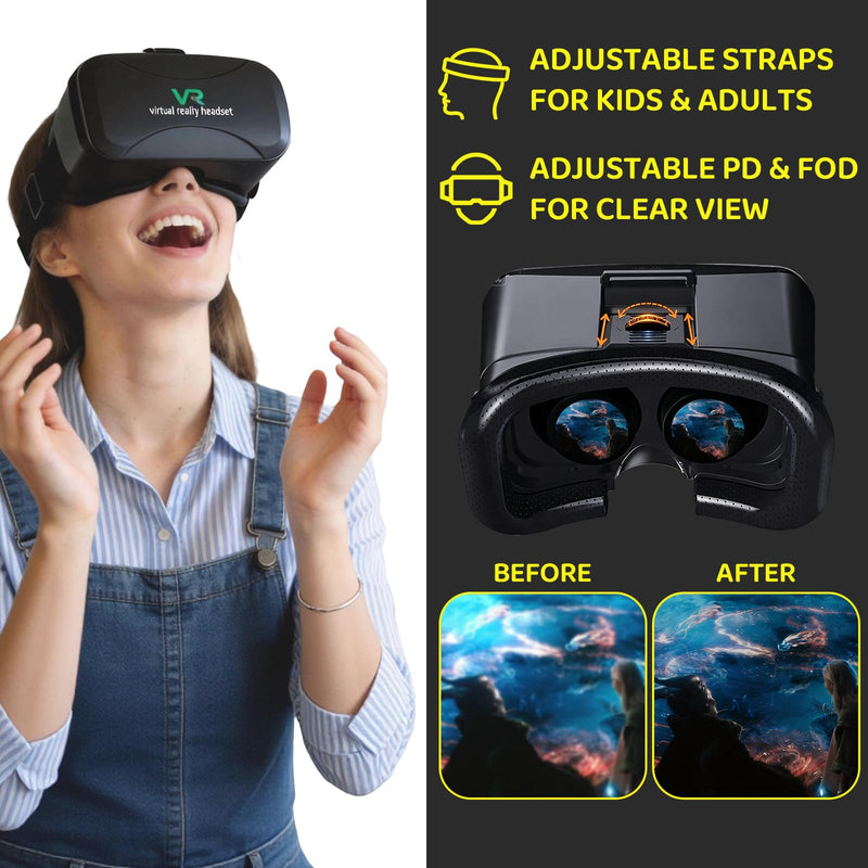VR Headset for Phone with Controller, Virtual Reality Goggles for Kids & Adult 3D Family 110° FOV Anti-Blue Light HD Lenses, Compatible with iPhone17/16/15/14/13/12/11, Samsung, Android (Black) Black