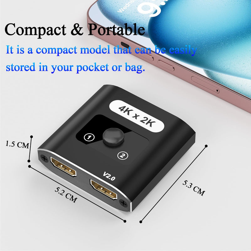HDMI Switch Splitter 4K@60Hz, Aluminum Bi-Directional HDMI 2.0 Switcher, HDMI Splitter 1 in 2 Out/ 2 in 1 Out, Support 4K 3D HDR for Xbox, PS5/4/3, Fire Stick, Roku, HDTV, Projector, Computer (Black) Black