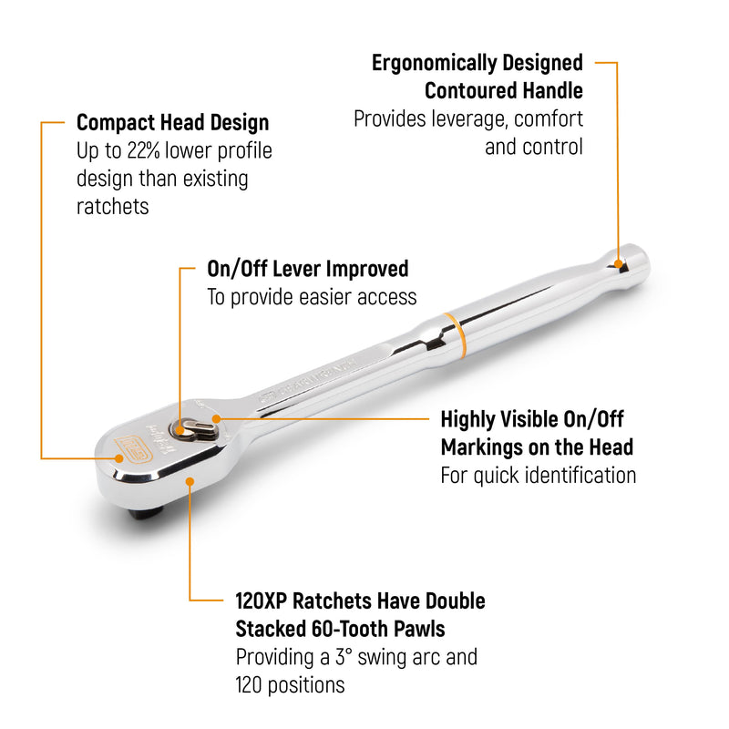 GEARWRENCH 1/2" Drive 120XP Full Polish Chrome Teardrop Ratchet | 81304XP Standard
