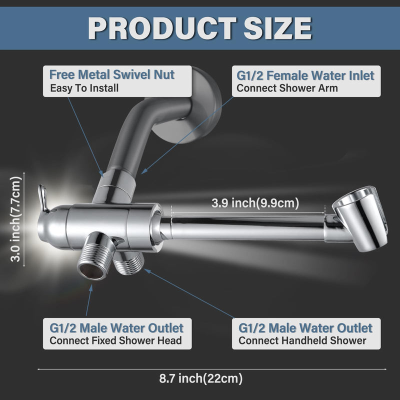 YDmeet All Metal Shower Diverter Valve with HandShower Holder - Upgraded 3 Way Shower Head for Handheld and Fixed Rain Showerhead - Universal G1/2 Bathroom Part, Polished Chrome Chrome Polished