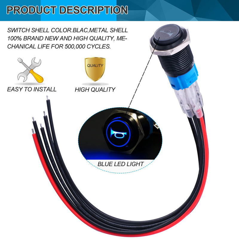 Twidec/16MM Raised Speaker Horn Momentary Push Button Switch 5/8" Mounting Hole 12V Blue Led Light Black Stainless Steel Shell 1NO 1NC SPDT with Pre-wiring Wires Switch For Car Modification BKG16LB-BU BK-blue