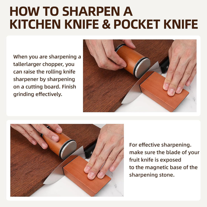 Rolling Knife Sharpener Kit with Diamond Discs – Professional Wooden Roller Knife Sharpener with 15° & 20° Magnetic Angle, Safe & Easy Knife Sharpening Tool for Kitchen Knives (Brown)