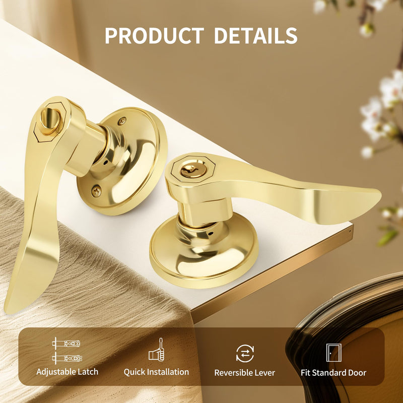 Moquin Wave Style Gold Door Handle with Lock and Key, Keyed Entry Brushed Gold Door Handles for Bedroom or Front Door, Polished Brass 1 Pack Keyed Entry-Lock & Key