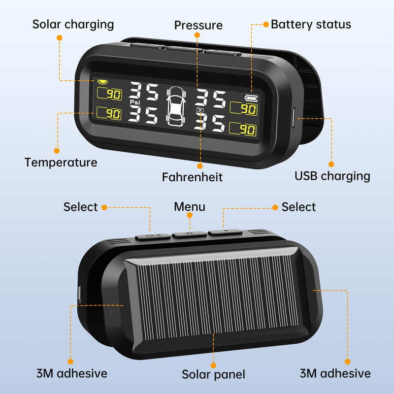 SEACOT Solar TPMS Tire Pressure Monitoring System - Professional Edition (0-87 PSI), 4 Sensors, Solar and USB Charging, LCD Display, 6 Alarm Modes, Suitable for Car, RV, SUV, MPV, and Sedans S21