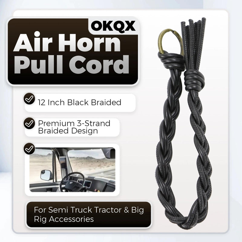 12 Inch Black Braided Air Horn Pull Cord Replacement - Heavy Duty Synthetic Leather Lanyard for Semi Truck, Tractor & Big Rig Accessories