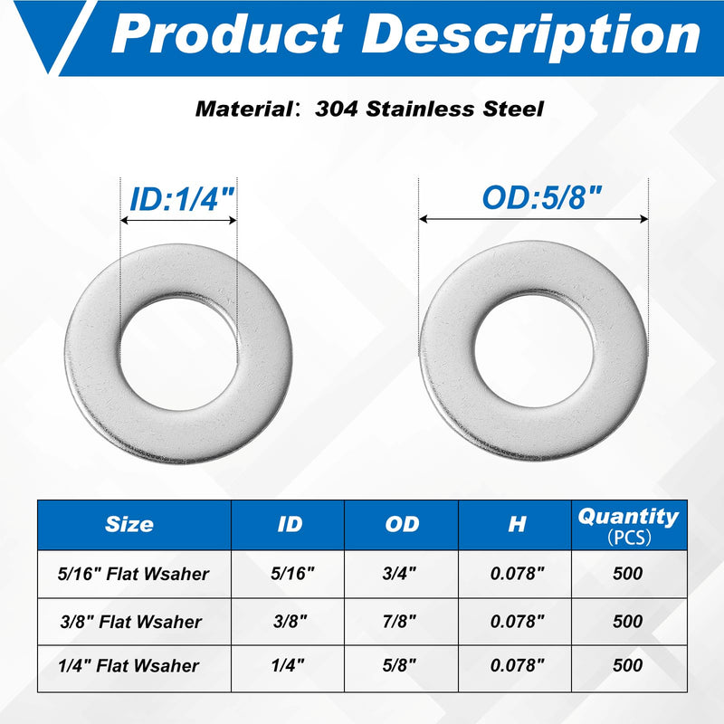 Hotop 500 Pcs Stainless Flat Washer 1/4" ID 5/8" OD Fender Washers 304 Stainless Steel Washers for Factories Repair, Kitchens, Shops, and Outdoor Construction 1/4" ID, 5/8" OD