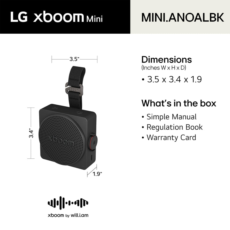 LG xboom Mini by will.i.am Portable Outdoor Bluetooth Speaker, up to 10 Hours, IP67 Dust and Water Resistant, Adjustable Hanging Strap, Black