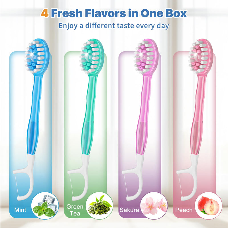 5-in-1 Disposable Toothbrush with Toothpaste (70 Pack), Mini Travel Toothbrushes with Soft Bristles, Dental Floss, Toothpick & Tongue Scraper, No Water Needed, 4 Flavors 70