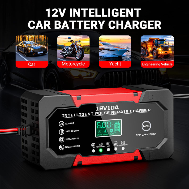 Battery Charger 10A 12V Fully Automatic Smart Car Battery Charger with LCD Display & Temperature Compensation for Car Motorcycle Vans Red 10A