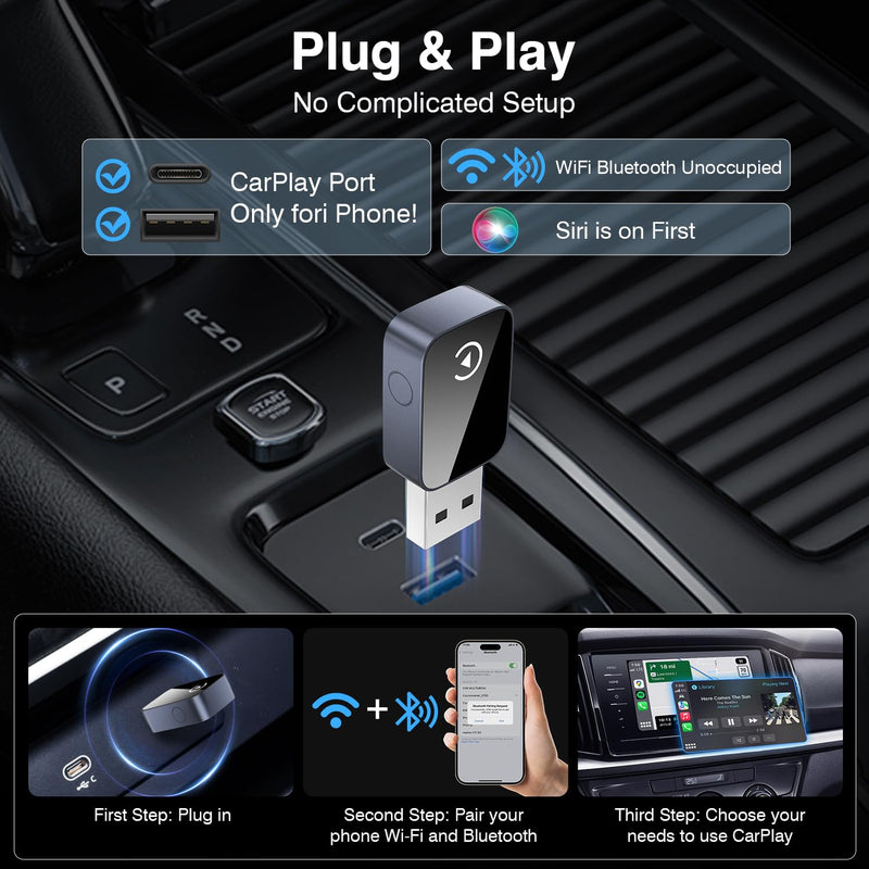 2-in-1 Wireless CarPlay & Android Auto Adapter Bluetooth 5.3 5GHz Wi-Fi | USB A and Type-C convert wired into wireless plug and play, which is suitable for iOS 10+ Android 11+.