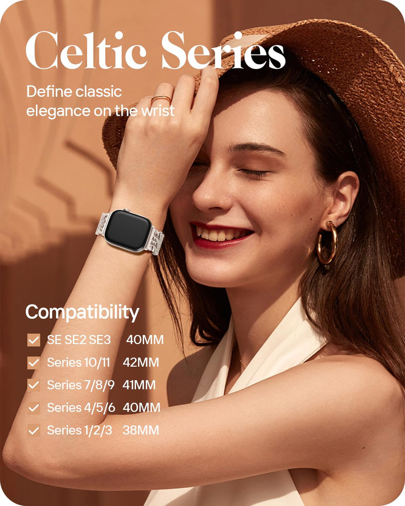 Braided Stretchy Band for Apple Watch Bands 38mm 40mm 41mm 42mm Women Men | Celtic Love Knot Metal, Magnetic Clasp, Nylon Elastic Straps for iWatch Series 11 10 9 8 7 6 5 4 3 2 1, SE 3/2/1, Ultra 3/2/1 Starlight/Starlight