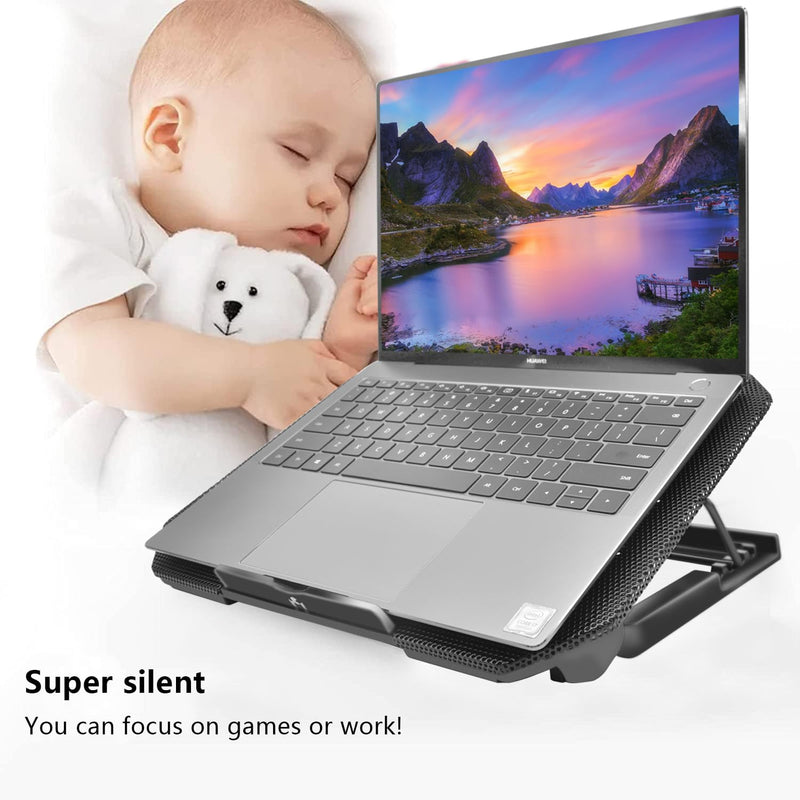 Laptop Cooling Pad, Cooler Pad Chill Mat 2 Quiet Fans LED Lights and 2 USB Ports 5 Height & with Adjustable Speed Mounts Metal Mesh Design, for 9"-17" Laptops（Black） Black