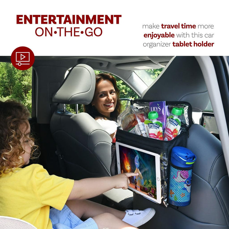 lebogner Insulated Car Seat Back Organizer + iPad And Tablet Holder, Auto Driver Or Passenger Accessories Organizer, Vehicle Front Seat Caddy, Personal Travel Cooler Storage Bag For Adults & Kids Black