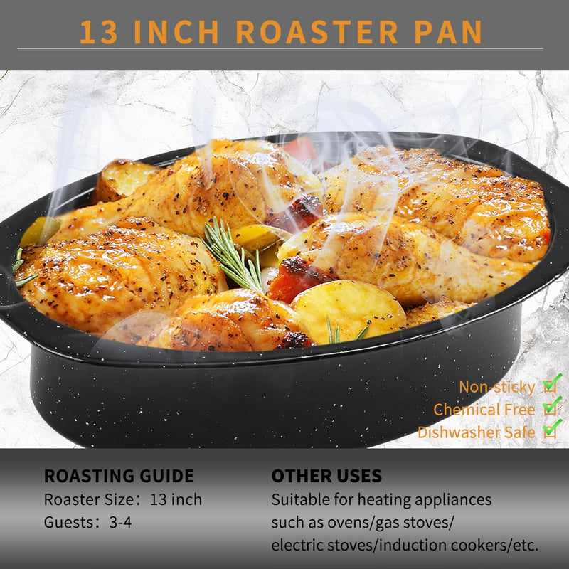 JY COOKMENT Granite Roaster Pan, Small 13” Enameled Roasting Pan with Domed Lid. Oval Turkey Roaster Pot, Broiler Pan Great for Small Chicken, Lamb. Dishwasher Safe Cookware Fit for 7Lb Bird Porcelain 13INCH