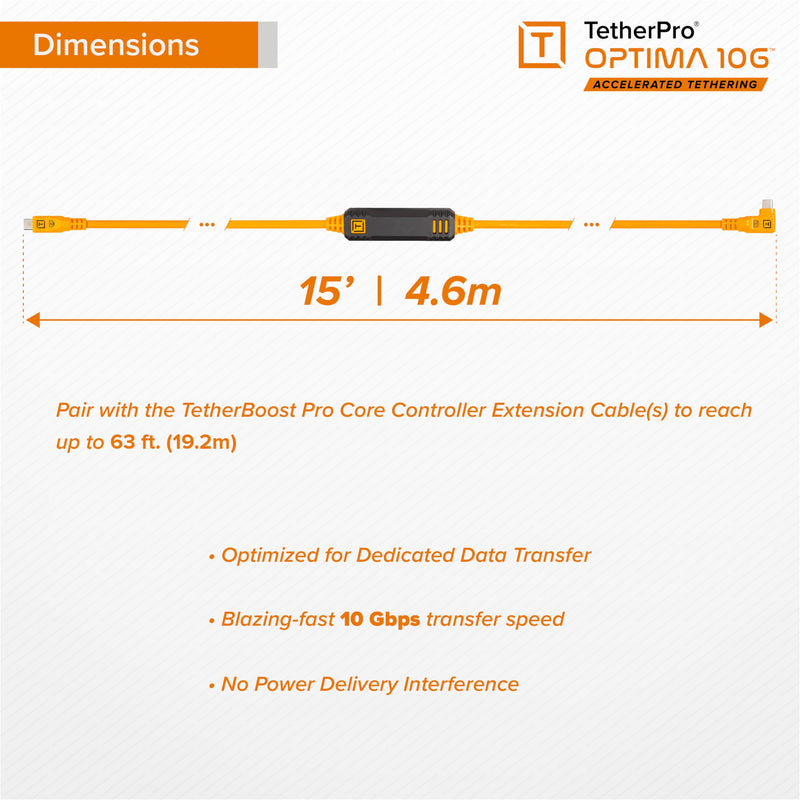 TetherPro Optima 10Gbps Gen 2 USB-C, 15' (4.6m), Straight to Right, High-Visibility Orange 15' (4.6m)
