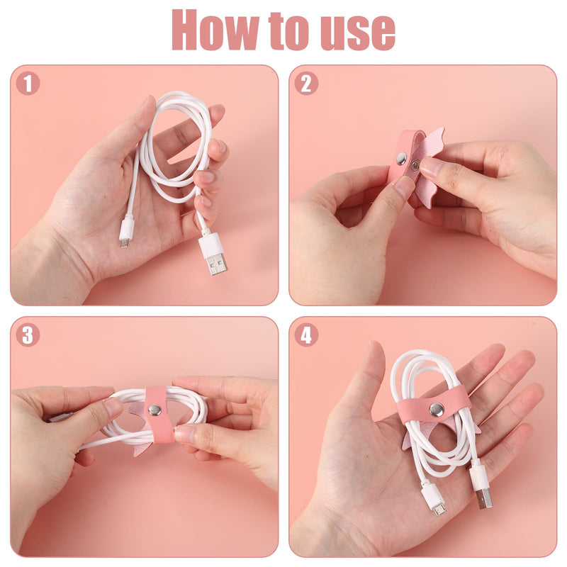 10pcs Pink Bow Cord Organizers, PU Leather Cable Holder Straps Bowknot Electronic Device Cord Management Ties for Storing Chargers and Earphones