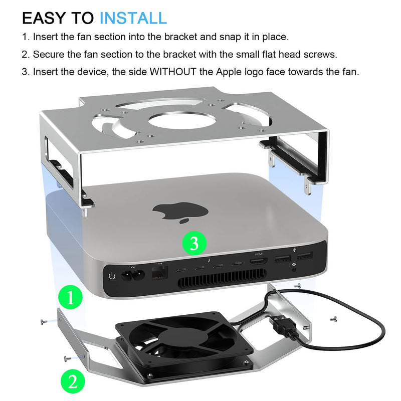 Mac mini Cooling Fan Mount, IFCASE Behind Monitor, Under Desk, Wall Mount Cooling Fan Stand for Mac mini 2010 to 2023 M2, Compatible VESA Holder with Anti-Scratch Pad (Silver) Silver