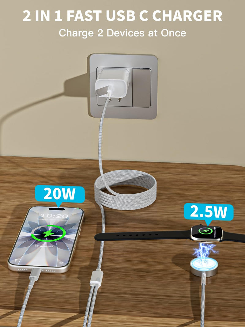 Apple Watch Charger,[MFi Certified] 2 in 1 20W iPhone Watch Charger USB C Block Cube Fast Charging 6.6FT Wireless Charger Cable Cord for iWatch 11/10/9/8/7/6/5/4/3/2/1/SE/Ultra,iPhone 17/16/15 Pro Max