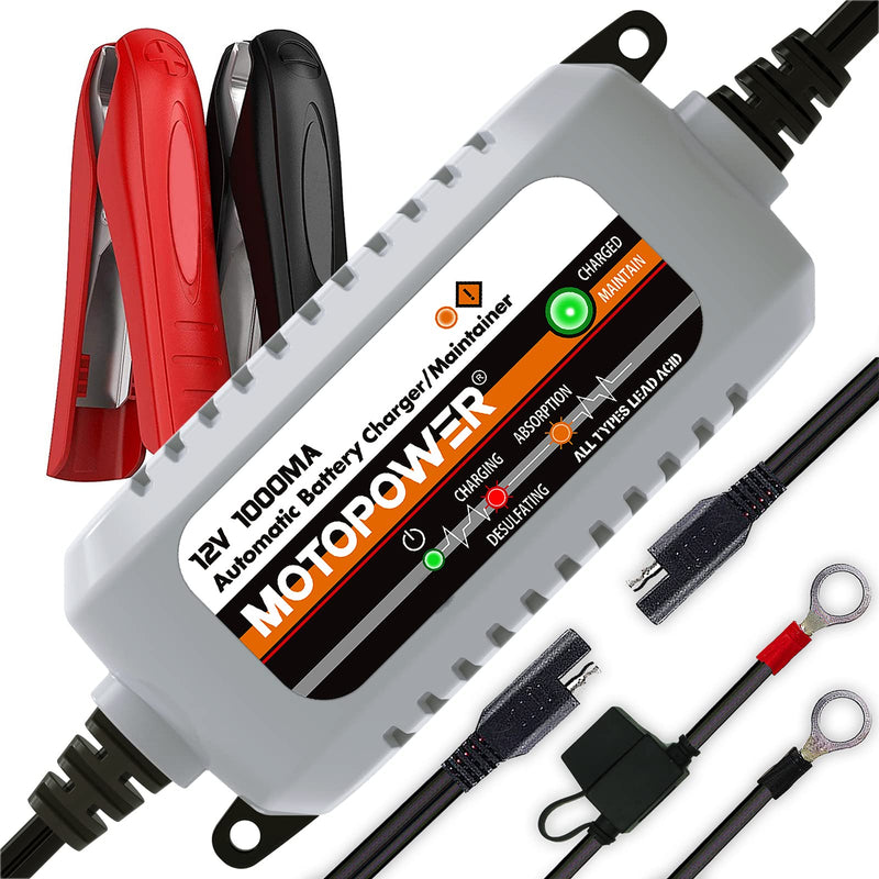 MOTOPOWER MP00205B 12V 1000mA Automatic Battery Charger, Battery Maintainer, Trickle Charger, and Battery Desulfator with Timer Protection - Grey a) - Grey