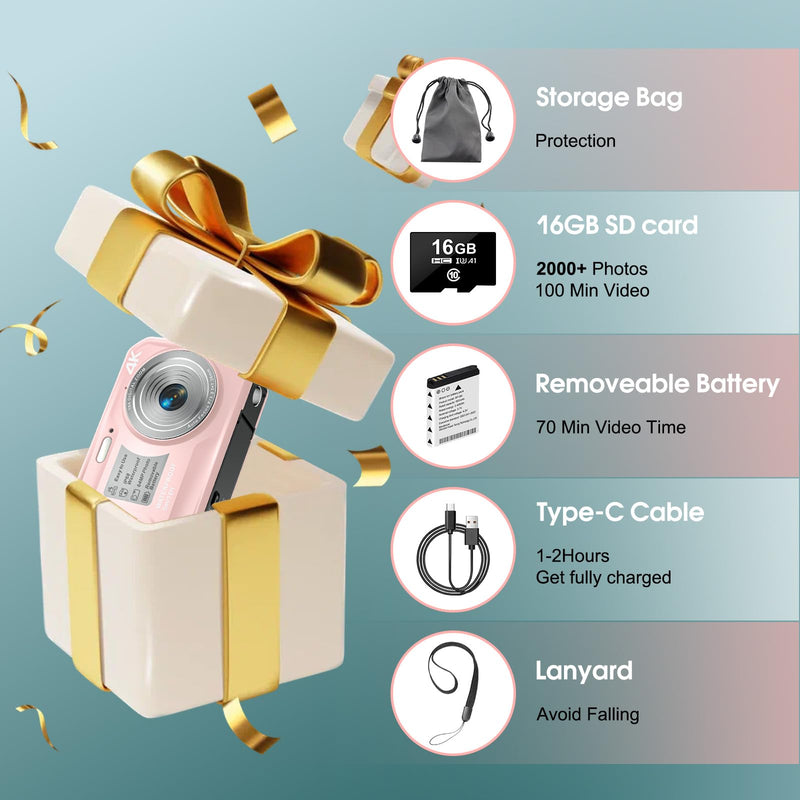 4K Underwater Camera, 64MP 16FT Waterproof Camera w/16GB Card, Light Pink | Floatable Digital Camera, 16X Digital Zoom, Auto Focus, Fill Light, 650mAh Battery, Ideal for Travel, Surfing, Swimming