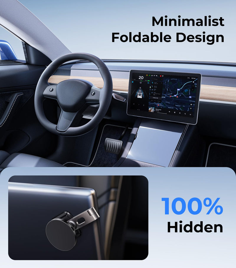 Tesla Phone Mount Qi2 Charger for iPhone MagSafe 【Hidden Foldable Design】 15W Wireless Charging, Universal Car Magnetic Dashboard Phone Holder, Tesla Model 3/Y/Cybertruck Accessories Screen+Charger