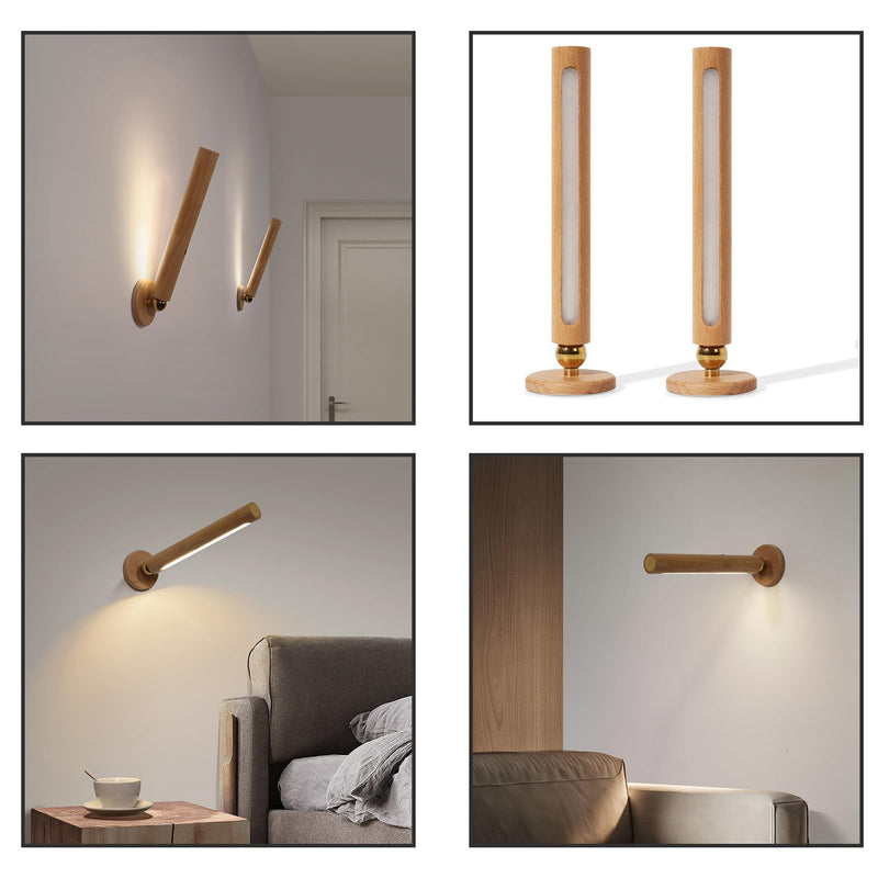 360° Rotatable Wooden Led Wall Lamp Magnetic USB Rechargeable Wall Sconces Battery Operated Led Night Light for Household (Beech Wood) Beech Wood 2PCS
