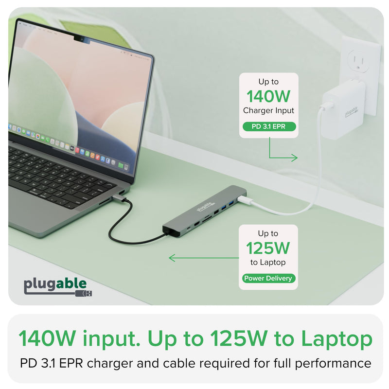 Plugable USB C Hub Multiport Adapter: 9-in-1 with 140W PD Charging, 4K 60Hz HDMI, 10Gbps Data Transfer, Gigabit Ethernet, SD for USBC, USB4, Thunderbolt MacBook, Windows, Chromebook (USBC-9IN1E)