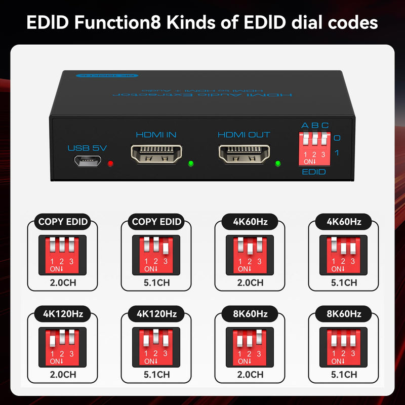 8K 60Hz HDMI Audio Extractor 4K 120Hz HDMI to Optical Coaxial AUX Converter Supports HDCP Digital DTS 5.1 EDID Management PCM 2.0 for Fire TV PS4 PS5 Xbox Light blue