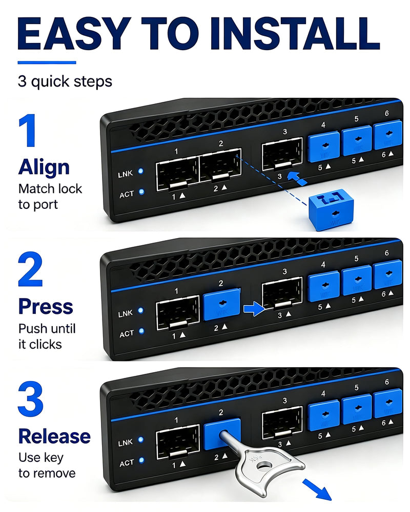 12-Pack SFP Port Lock with 1 Key,SFP Security Lock & Fiber Port Dust Plug,Prevent Unauthorized Network Access,SFP Dust Cover for Data Centers,Servers,Switches,Routers (Blue) 12+1 Blue