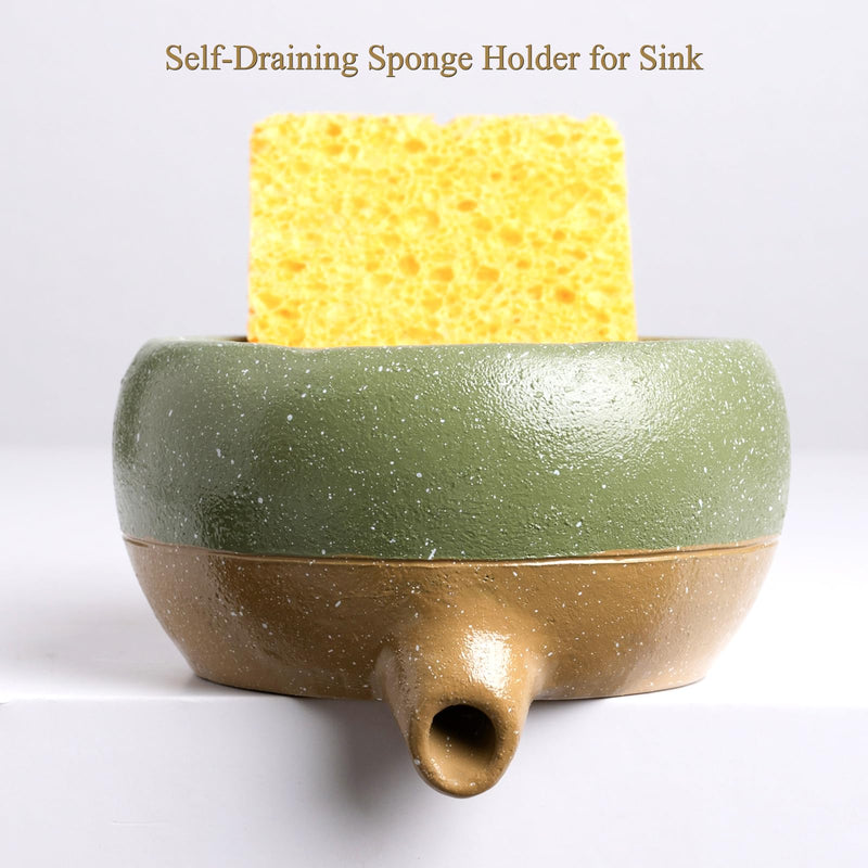 Self Draining Soap Dish and Soap Holder with Drain Spout for Sink, Shower, Bathroom, and Kitchen - Compact Resin Sponge Holder and Organizer, Keep Dry and Easy Cleaning Design, Green Rustic Green
