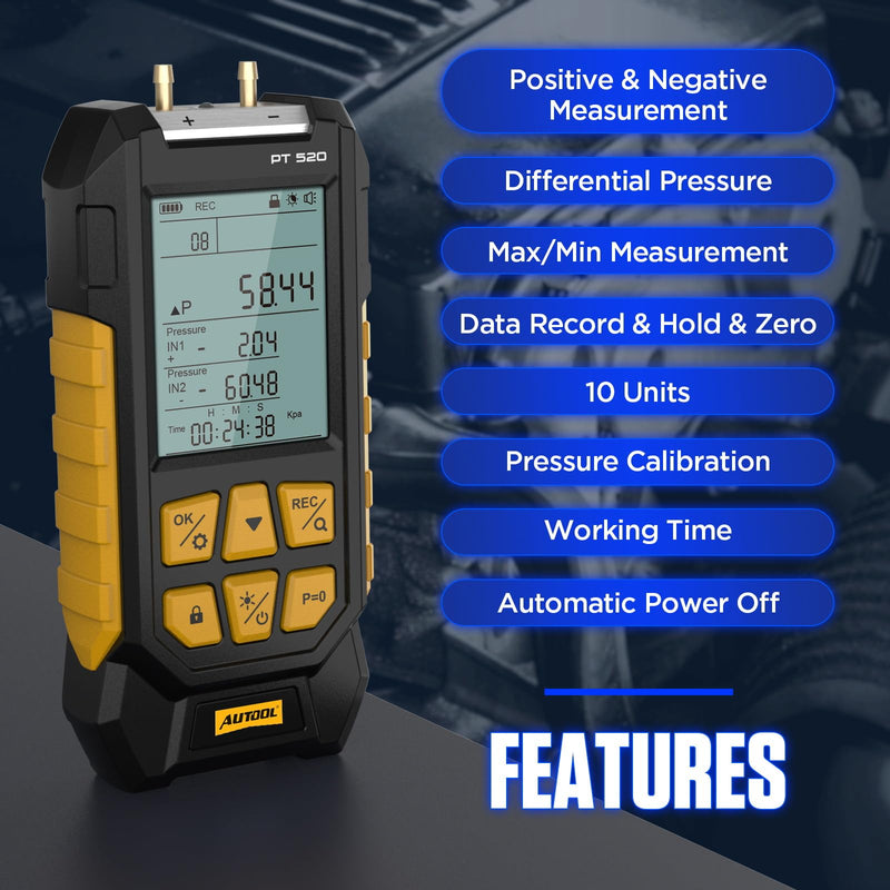 AUTOOL Manometer Gas Pressure Tester,Digital Manometer HVAC,10 Units Differential Dual Port Pressure Gauge -100 to 200Kpa,Data Zeroing with Backlight LCD Display PT520