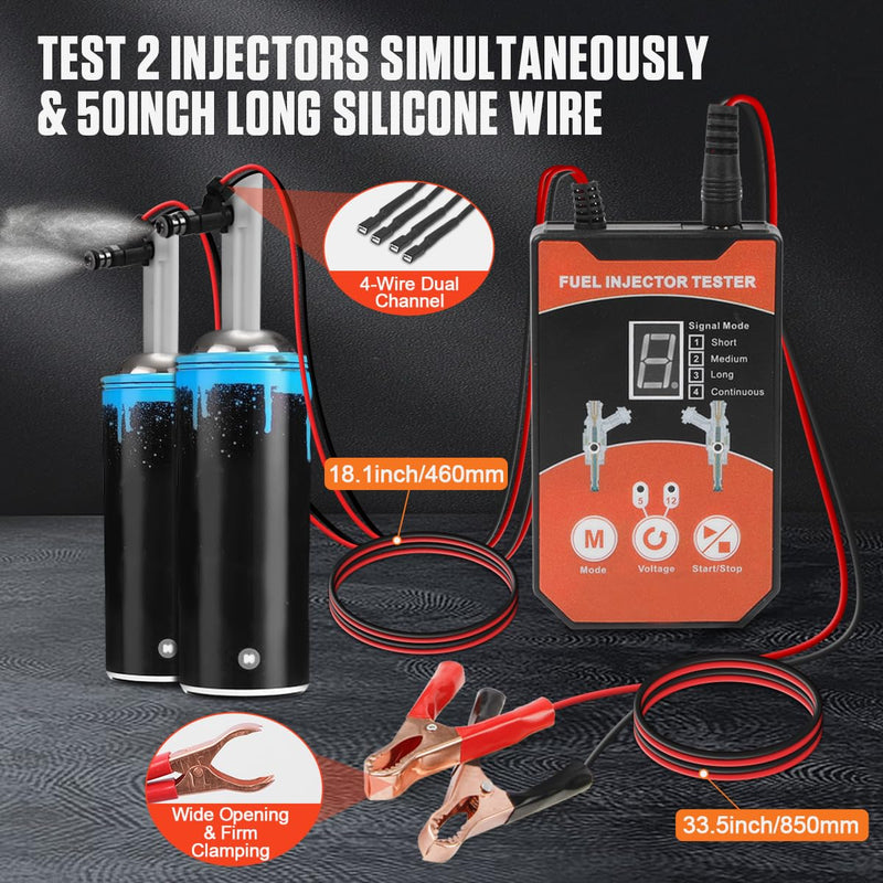 Fuel Injector Tester Cleaner Tool Kit 8 Pulse Modes Injector Tester 2 Fuel Injector Test Simultaneously DIY Cleaning Tools with 6 Injector Cleaner Adapters&50in Wire for 12V/5V Car Motorcycle Injector