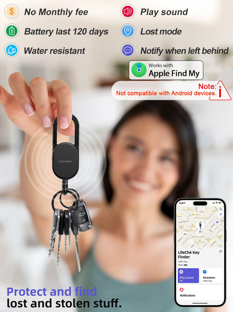 Keychain, Key Finder Built-in Anti-Loss Tracker, Heavy Duty Key Holder, Premium Stainless Steel Keychain Carabiner Car Key Chains with GPS Global Locator Tracking Waterproof Black