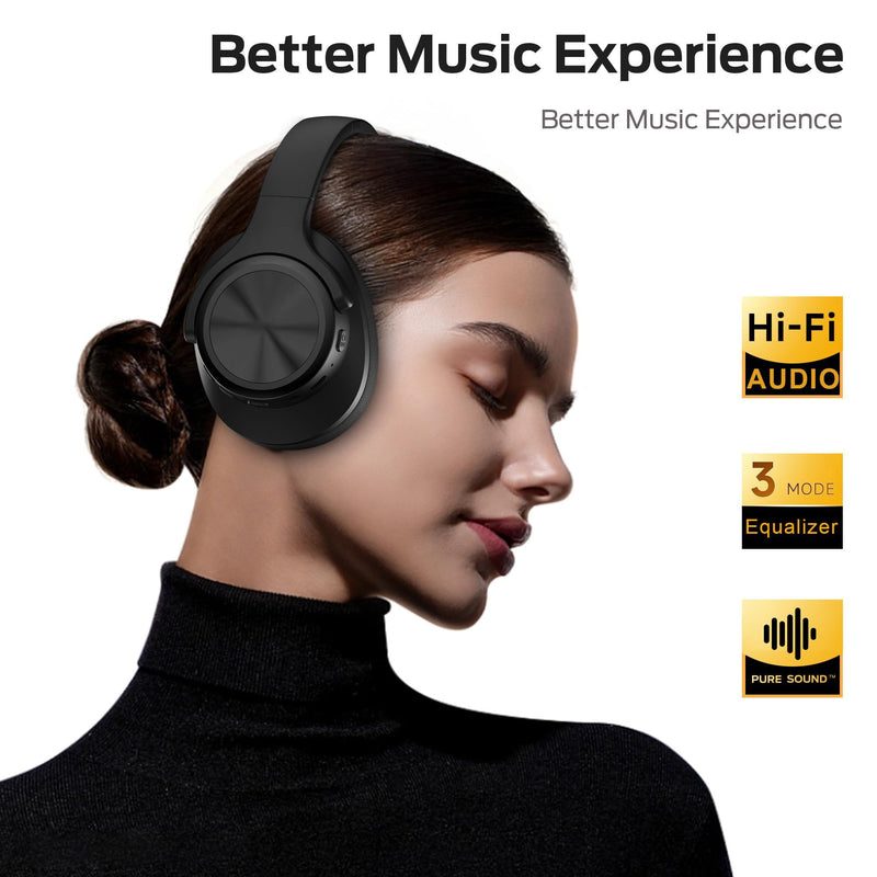 Oraolo Mission 200 Bluetooth Headphones, Over-Ear Bluetooth 5.3 Headset, 3 EQ Modes 60H Playtime, Low Latency HiFi Deep Bass for PC Cellphone Home Black