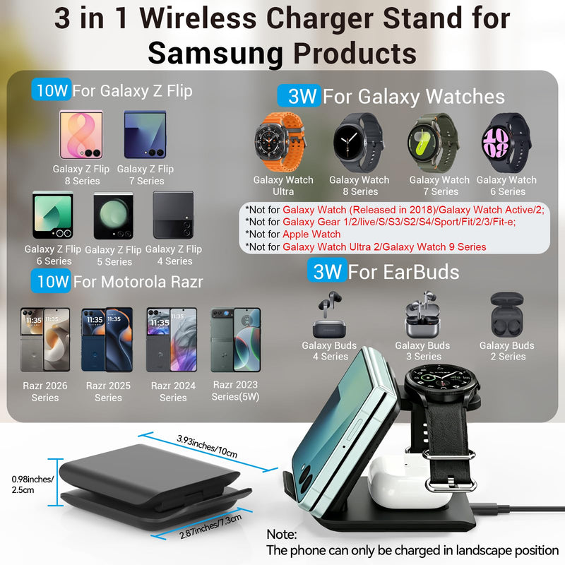 Geyo 3 in 1 Fast Wireless Charger for Samsung Galaxy Z Flip 8/7/7 FE/6/5 | Foldable Charging Station for Motorola Razr Ultra 2026, Portable Travel Charger Stand for Phone, Galaxy Watch & Buds, Black