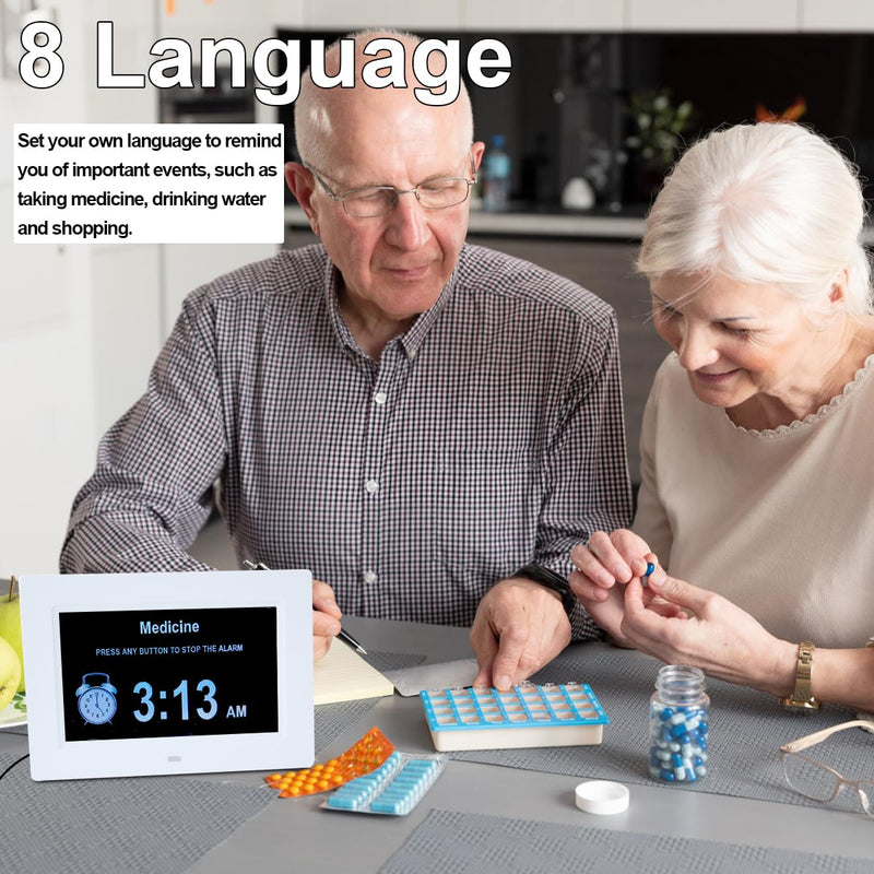 7 Inch Extra Large Day Date Time Digital Day Calendar Clocks with Auto-Dimming 12 Alarm Reminders Dementia Clock for Senior Elderly impaired Vision Memory Loss 7.1 inch white