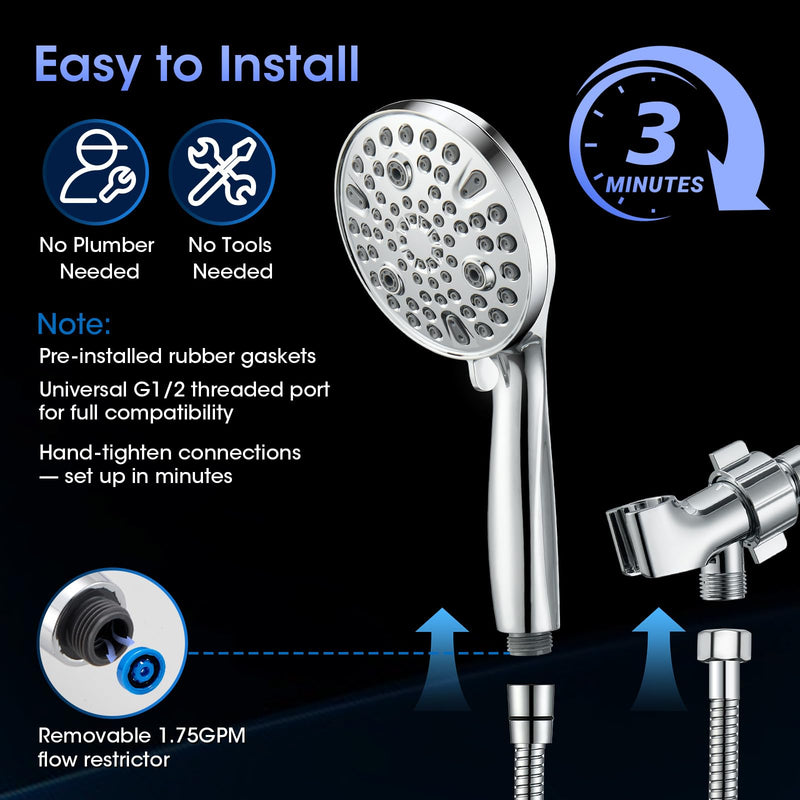Shower Head with Handheld, High Pressure 10 Spray Built-in Pause & Power Wash, Anti-clog Nozzles, Detachable Hand Held Showerhead with Leakproof Stainless Steel Hose&Adjustable Overhead Bracket Chrome Modern Premium Chrome