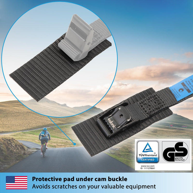 valonic ANT - Short Lashing Strap, Padded, 4 Pieces, 2.5 ft, 350lbs Breaking Strength, cam Buckle, Black - tie Down Straps for Bike Rack
