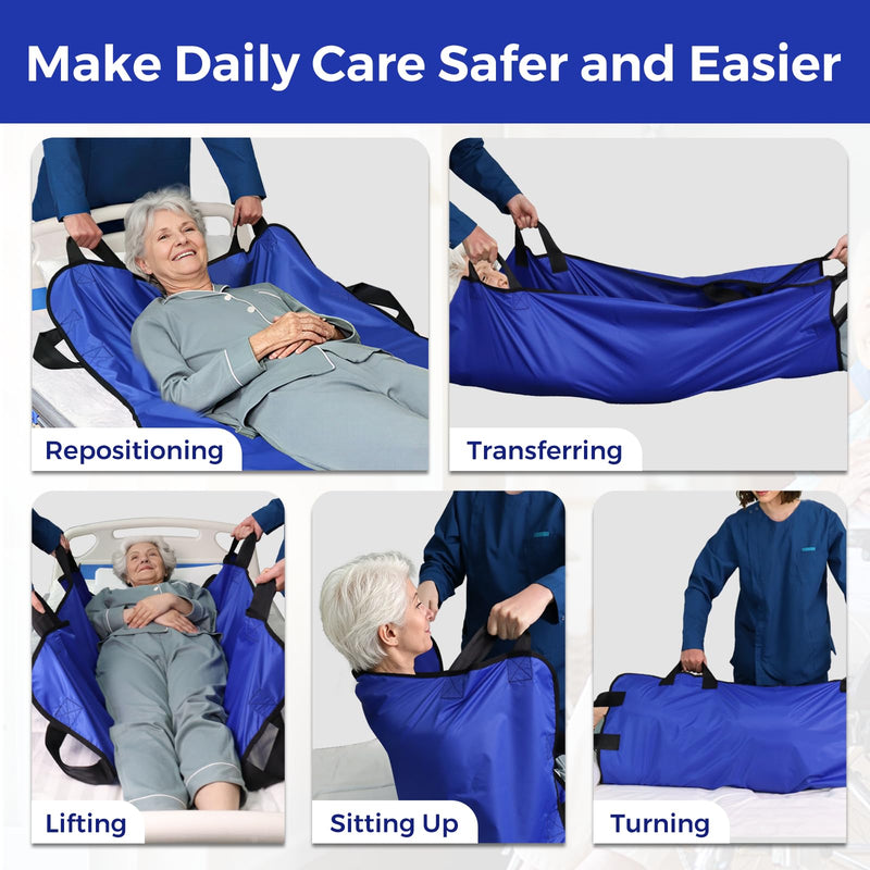 YHK Positioning Bed Pad, Draw Sheet, 8 Reinforced Handles, Reusable & Washable Transfer Sheet for Turning, Lifting, Repositioning, Lightweight Double-Sided Nylon Fabric (Blue, 36"x 46") 36''x46''