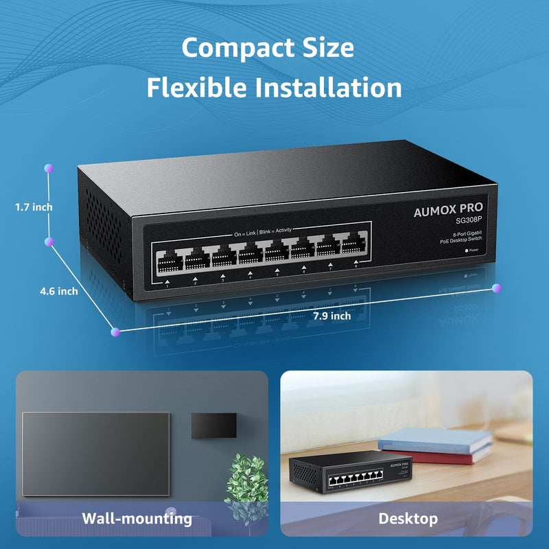 8 Port PoE Switch Gigabit 120W, Gigabit Unmanaged Ethernet Switch, Plug & Play, 802.3af/at Compliant, Metal Housing, 8-Port Network Switch for Home/Office Energy Efficient Silent Operation 8 Port| 8 Port PoE Gigabit 120W