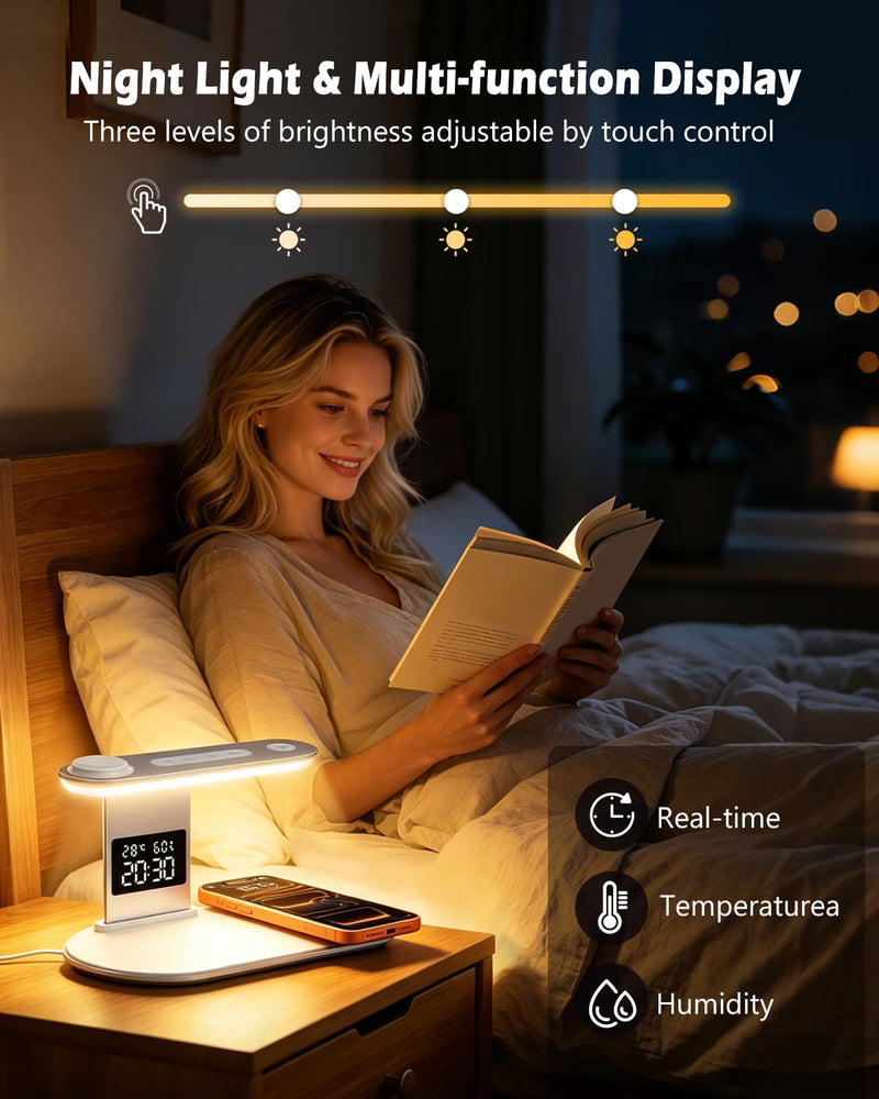 5 in 1 Wireless Charger for iPhone, iWatch, AirPods | 2026 Upgraded Charger Station with Fast Charging Adapter, Bedside Lamp for iPhone 17-12, iWatch 3-11, AirPods, White Silver