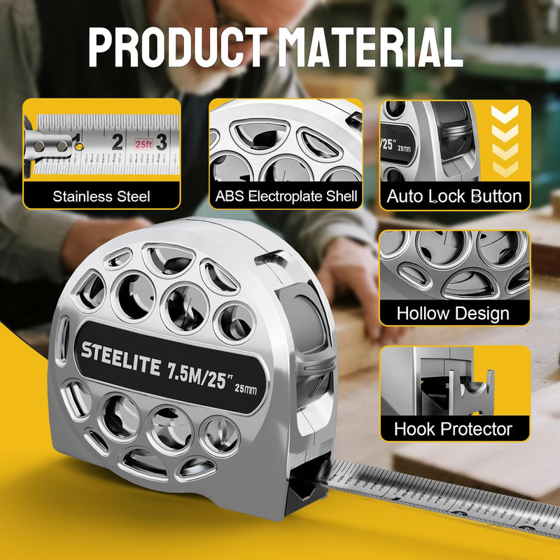 STEELITE Tape Measure 25'FT Stainless Steel Waterproof & Rustproof Retractable Measuring Tape with Hollow Design Bright Silver