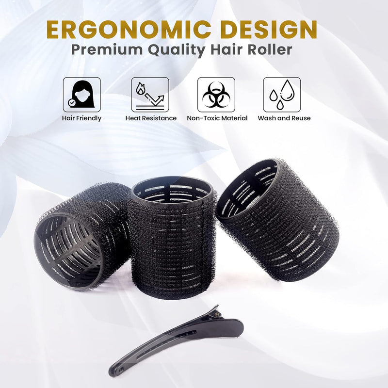 25 Pcs Hair Rollers Set – 6 Extra Large 76mm Rollers with 6 Clips, 10 Grips, Comb, Braid & Storage Bag – Big Hair Rollers & Fringe Roller for Volume, Bangs, Heatless Curls, Travel-Friendly Styling