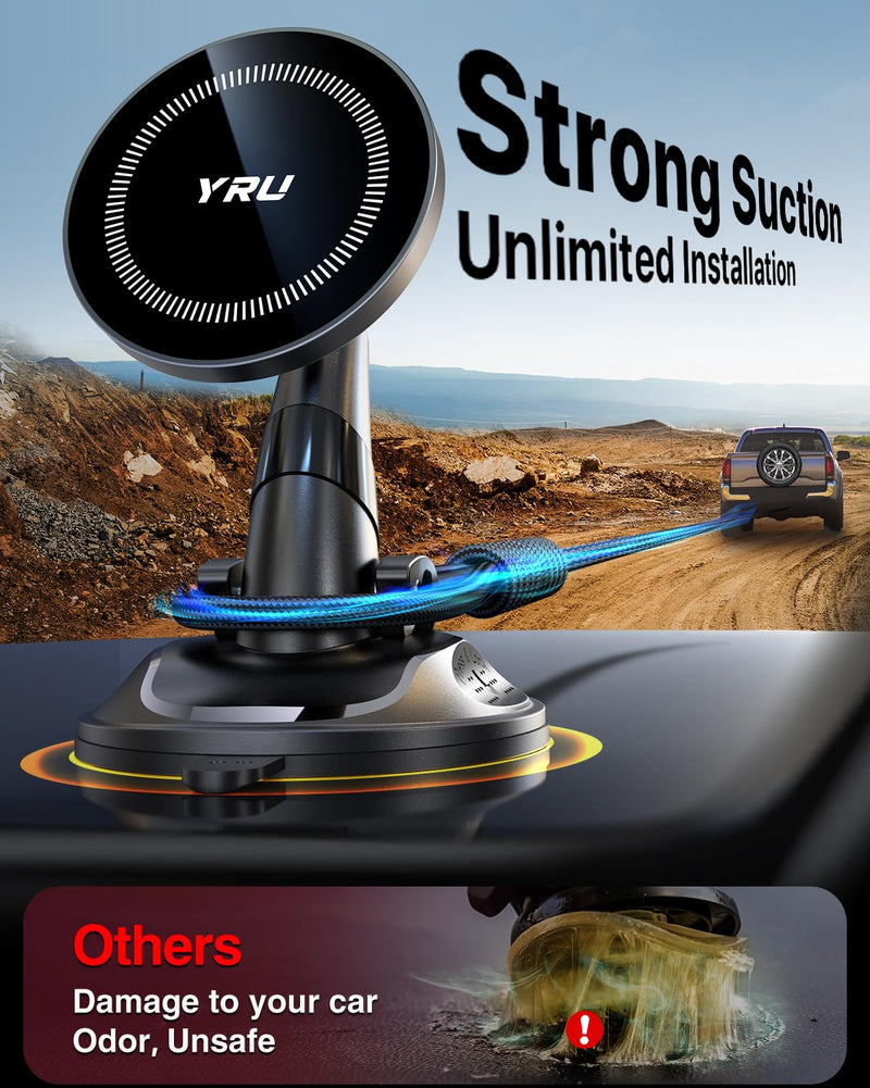 YRU [True Upgraded Military-Grade] Phone Holder for Magsafe Car Mount 360° Rotating Vacuum Suction Dashboard, 2800gf Strongest Magnetic Windshield Phone Mount for iPhone 16 Pro Max 15 14 13, Black