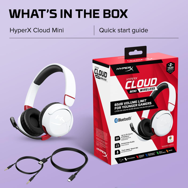 Cloud Mini Kids Wireless (White) | Volume limit 85dB, 25h battery, for PC/Switch/PS/Chromebook/Xbox/Mobile, White