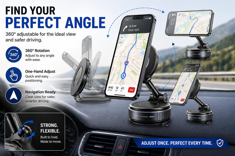 Car Phone Holder Mount, Manual Vacuum Magnetic Suction Cup for Dashboard & Windshield, 360° Adjustable Phone Holder for Car, MagSafe Compatible, USB-C Cable Included, iPhone & Android