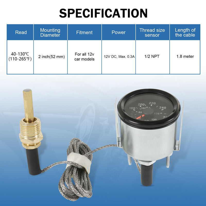 JDMSPEED 2" 52mm Water Temperature Gauge 40-130℃,110-265℉ Water Temp Thermometer Meter Kit DC12V with Sensor NPT 1/2, 1.8m Wire Length